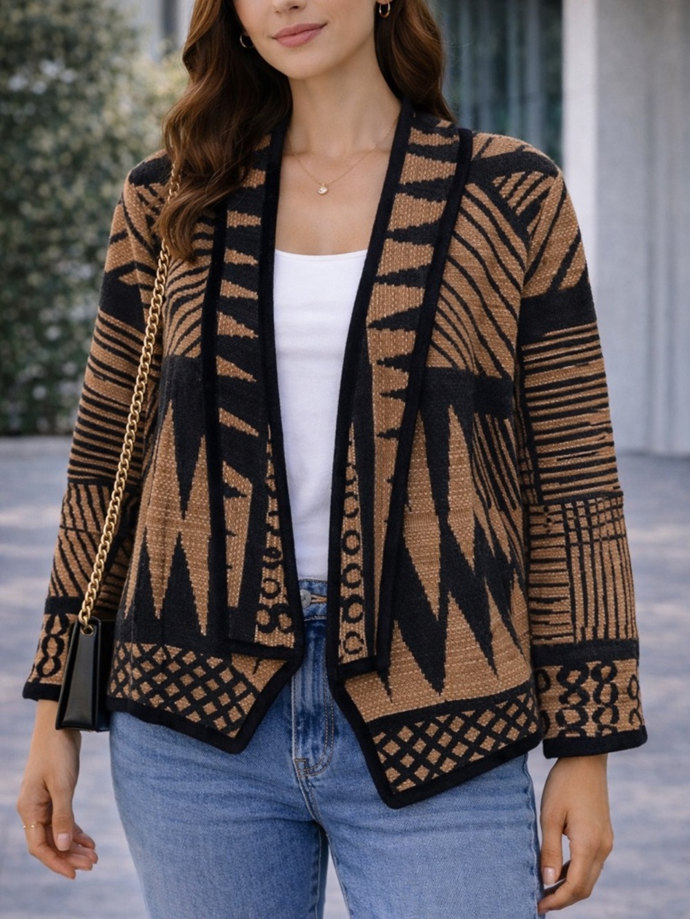 Geometric Patterned Cardigan in Black and Brown